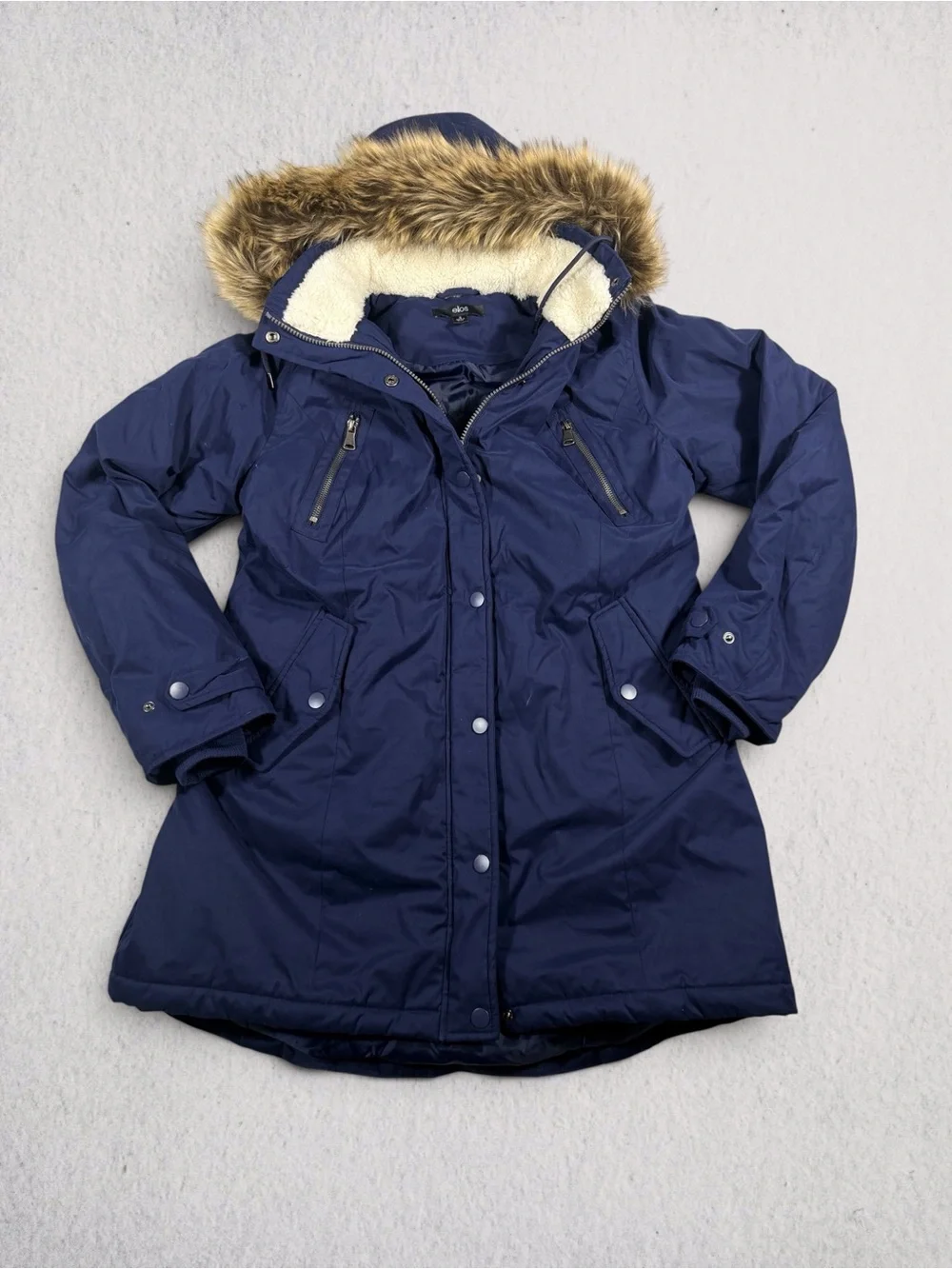 Ellos Women's Navy Parka Coat with Faux Fur Trim